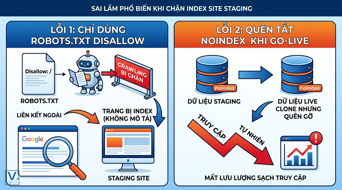 sai-lam-chan-index-staging Sơ đồ phân tích hai sai lầm nghiêm trọng khi chặn index site staging gây hại cho SEO.