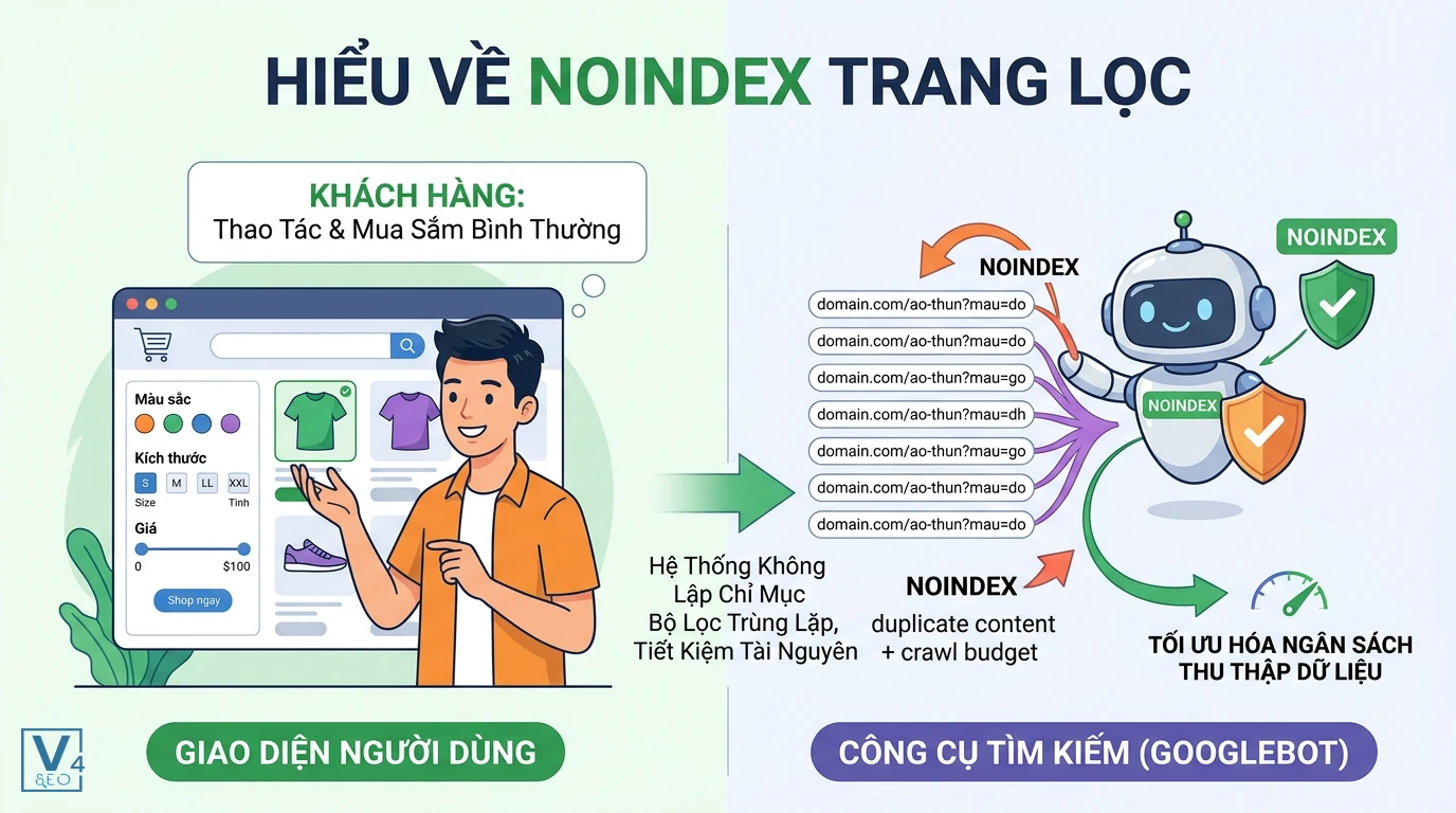khai-niem-noindex-trang-loc Sơ đồ giải thích noindex trang lọc là gì giúp tối ưu crawl budget và ngăn chặn trùng lặp nội dung