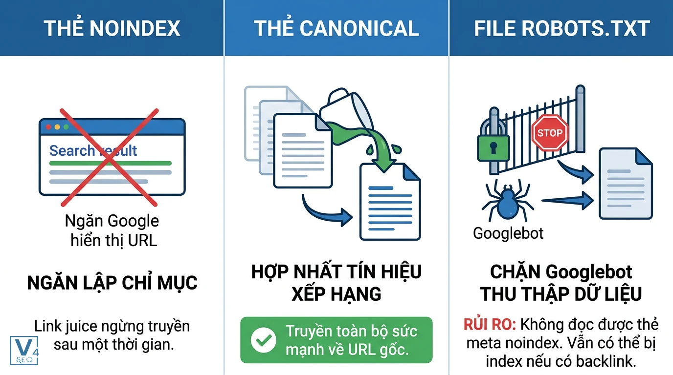 so-sanh-noindex-canonical-robots-txt Bảng so sánh cơ chế hoạt động của thẻ noindex, thẻ canonical và file robots.txt trong việc tối ưu hóa trang lọc website.
