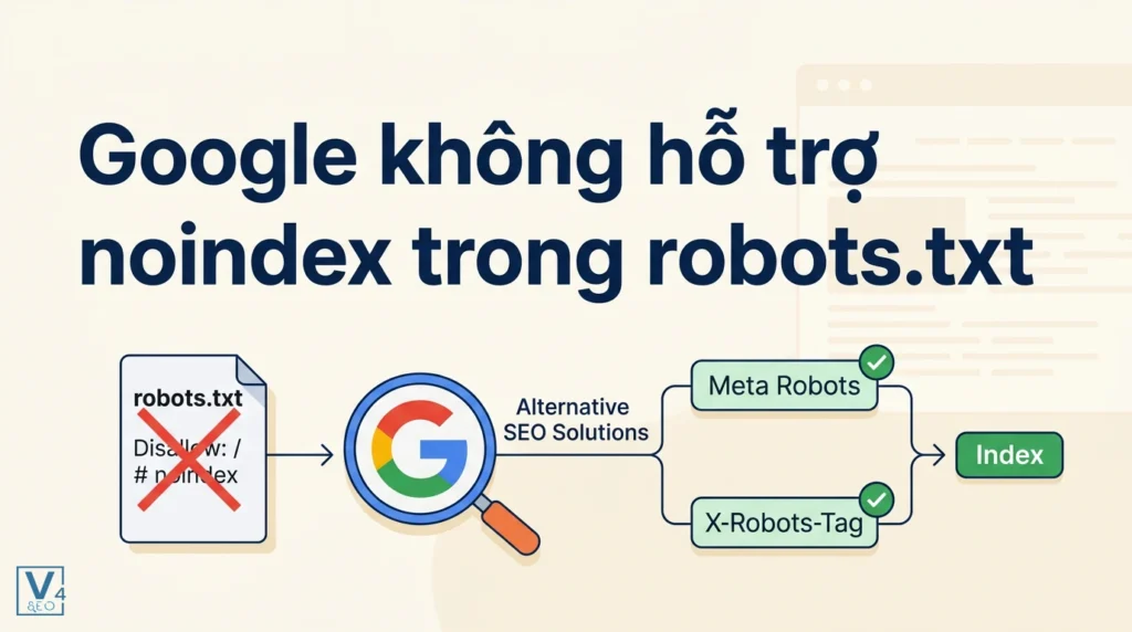 Sơ đồ giải pháp thay thế khi Google không hỗ trợ noindex trong robots.txt bằng Meta Robots và X-Robots-Tag.