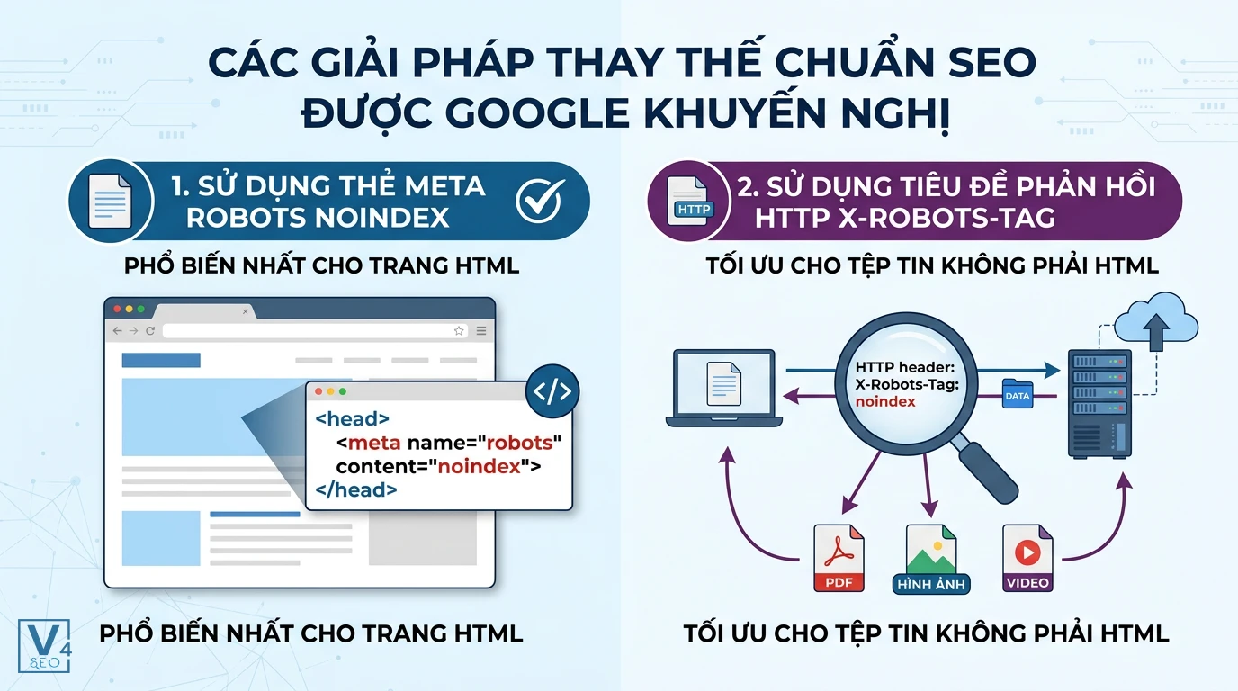 giai-phap-thay-the-noindex-robots-txt So sánh hai giải pháp thay thế noindex trong robots.txt bằng thẻ meta robots và tiêu đề HTTP X-Robots-Tag chuẩn SEO.