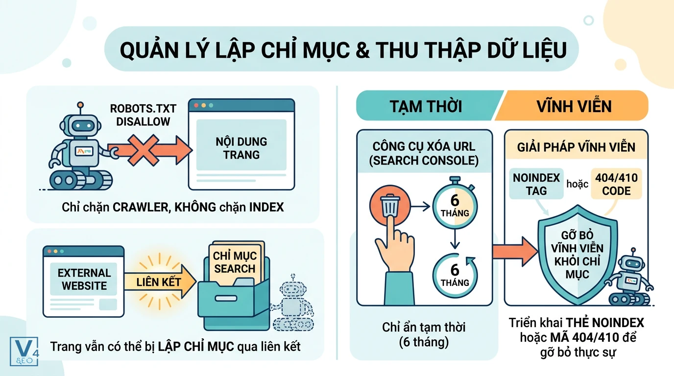 so-do-quan-ly-lap-chi-muc-va-thu-thap-du-lieu Sơ đồ phân biệt cơ chế chặn thu thập dữ liệu bằng robots.txt và các giải pháp xóa index tạm thời hoặc vĩnh viễn.
