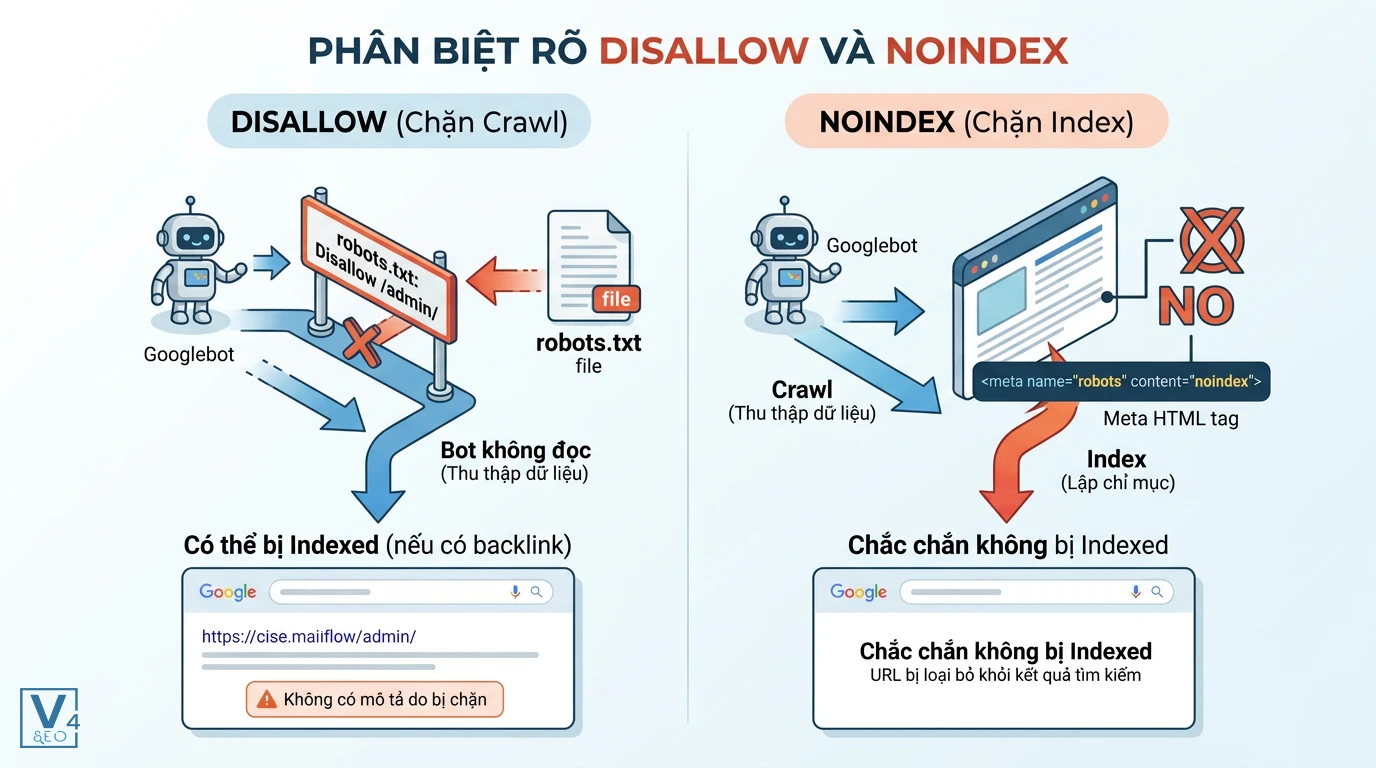phan-biet-disallow-va-noindex So sánh cơ chế hoạt động của Disallow trong robots.txt và thẻ Noindex đối với Googlebot.