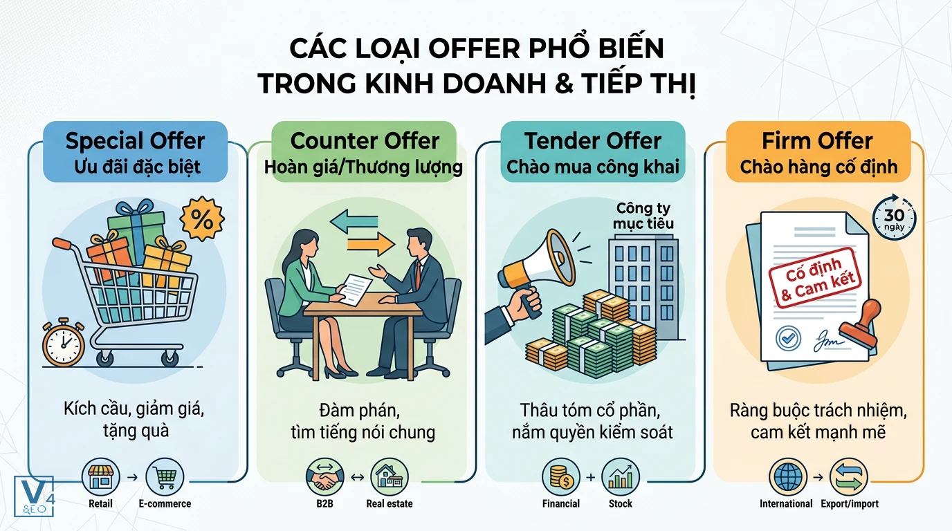 cac-loai-offer-trong-kinh-doanh Bảng so sánh 4 loại offer phổ biến trong kinh doanh gồm Special, Counter, Tender và Firm Offer.