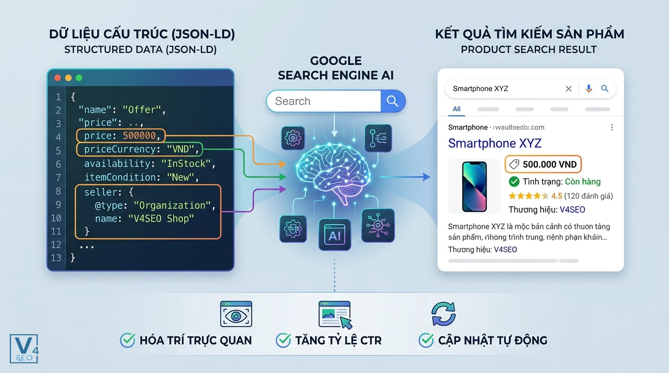 Ứng dụng Schema Offer tối ưu hiển thị tìm kiếm Cách khai báo Schema Offer giúp hiển thị thông tin giá bán và tình trạng hàng hóa trực quan trên kết quả tìm kiếm.