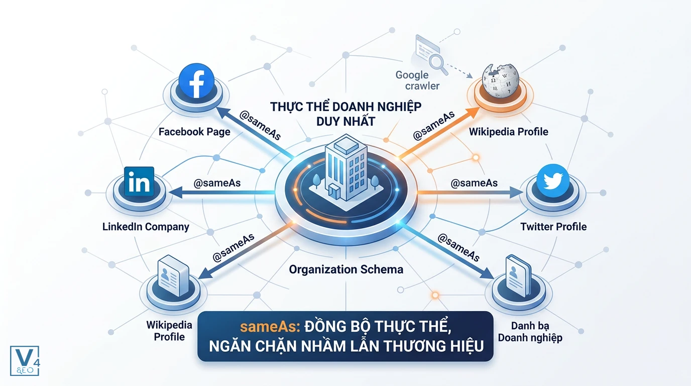 Vai trò thuộc tính sameAs trong Schema Organization Thuộc tính sameAs kết nối website với mạng xã hội giúp đồng bộ thực thể doanh nghiệp trong Schema Organization.