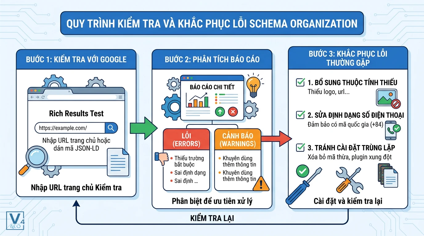 Quy trình xử lý lỗi Schema Organization Quy trình 3 bước kiểm tra và khắc phục lỗi Schema Organization bằng công cụ Rich Results Test của Google.