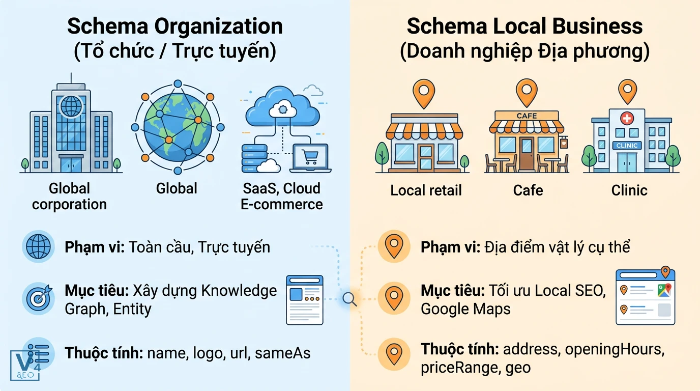 So sánh Schema Organization và Schema Local Business Bảng so sánh Schema Organization cho tổ chức trực tuyến toàn cầu và Schema Local Business cho cửa hàng địa phương.
