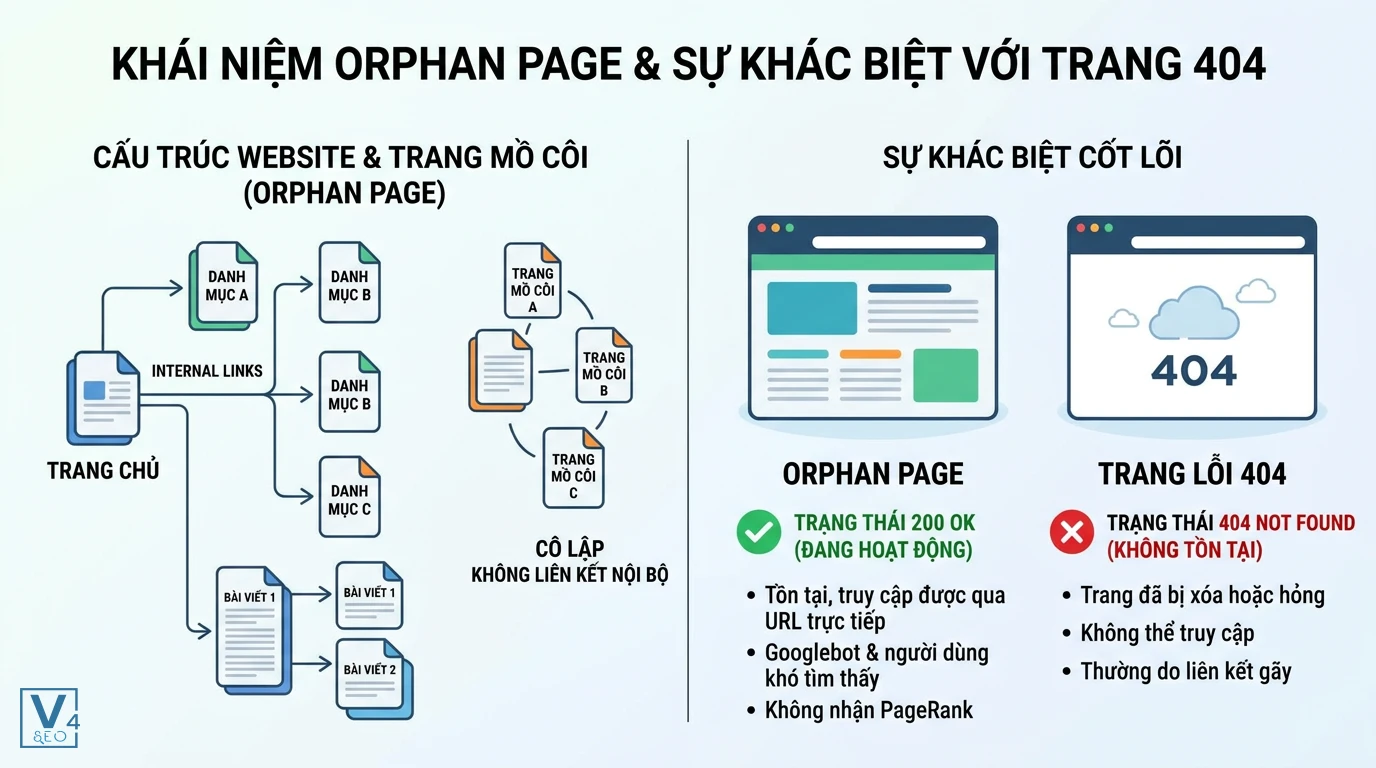 so-sanh-orphan-page-va-trang-404 Sơ đồ so sánh cấu trúc liên kết của orphan page là gì và sự khác biệt cốt lõi với trang lỗi 404.
