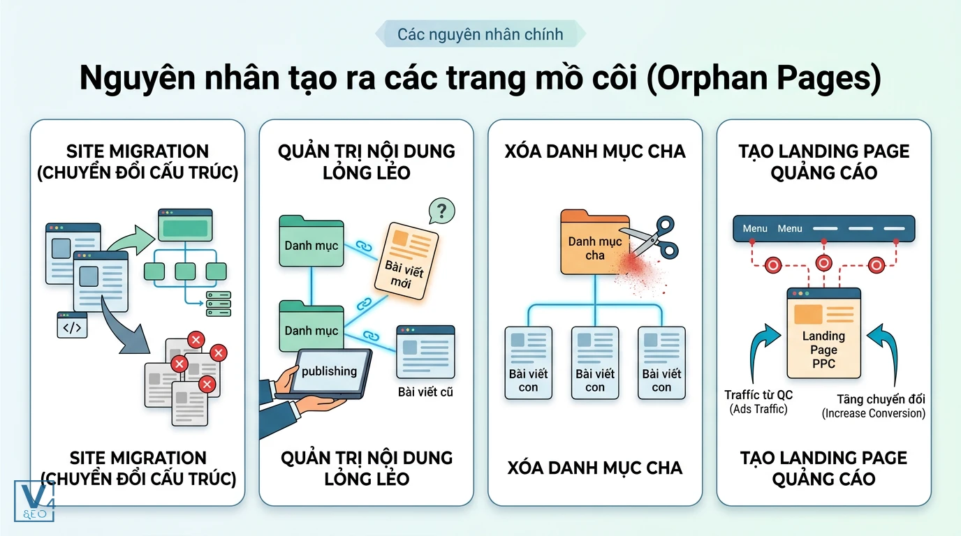nguyen-nhan-tao-orphan-page Sơ đồ tóm tắt 4 nguyên nhân chính tạo ra orphan page trong quá trình vận hành và tối ưu hóa website.