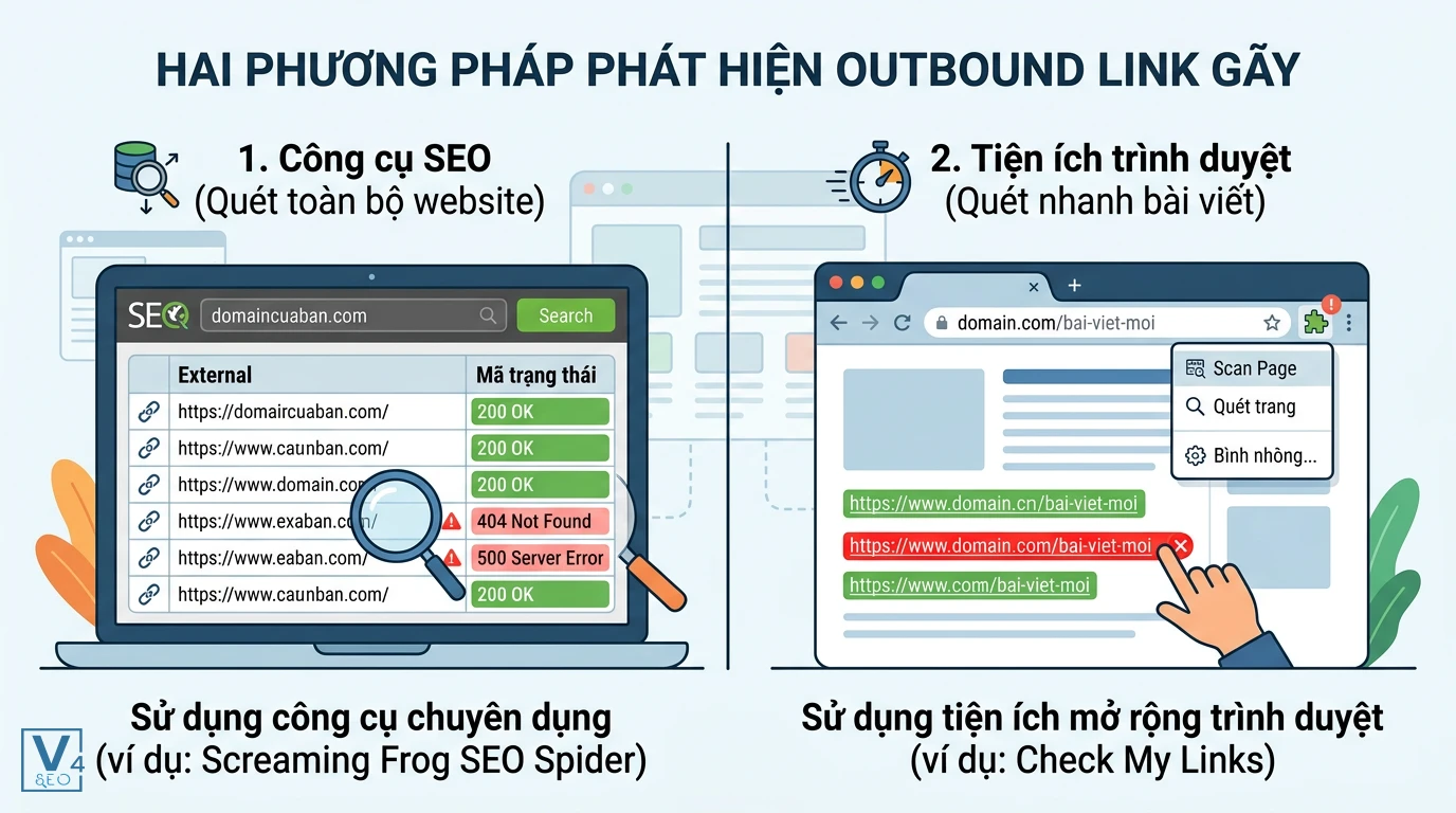 phuong-phap-kiem-tra-outbound-link-gay So sánh hai phương pháp kiểm tra outbound link gãy bằng công cụ SEO chuyên dụng và tiện ích mở rộng trên trình duyệt.