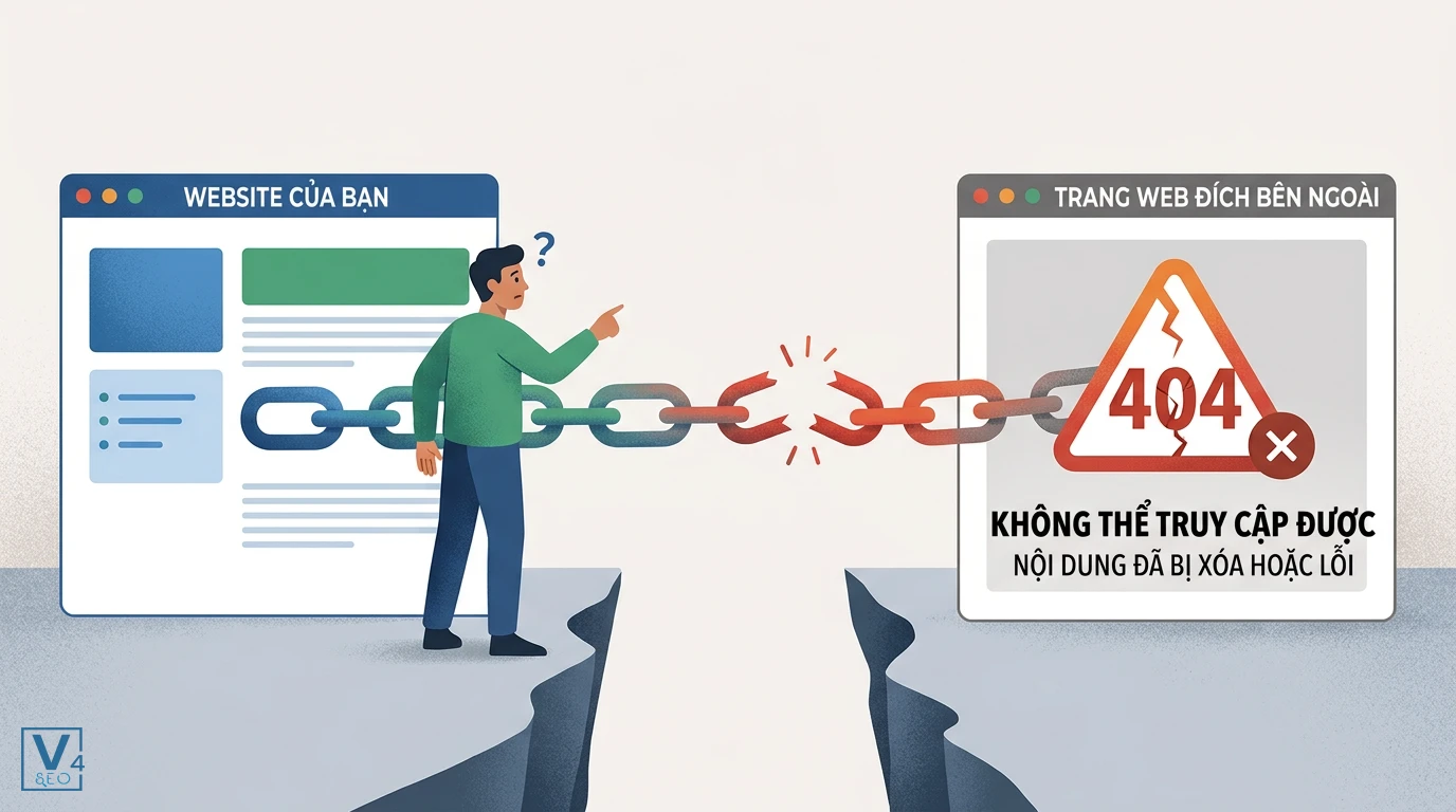co-che-outbound-link-gay Mô tả cơ chế hoạt động của outbound link gãy khi liên kết từ website của bạn đến trang đích bên ngoài bị đứt đoạn do lỗi 404.