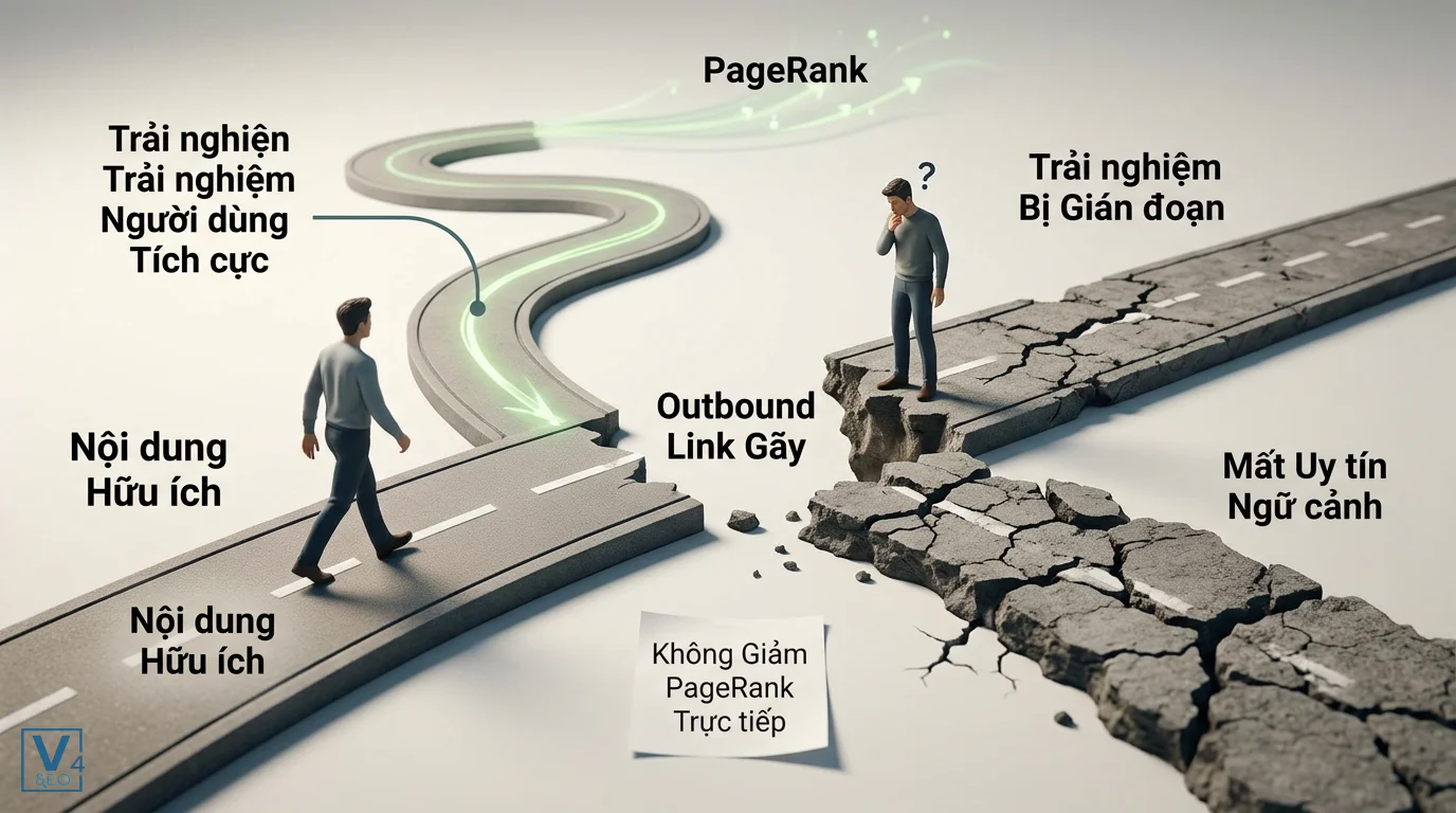 tac-dong-outbound-link-gay-pagerank Mô tả tác động của outbound link gãy gây gián đoạn trải nghiệm người dùng và giảm uy tín ngữ cảnh thay vì giảm PageRank trực tiếp.