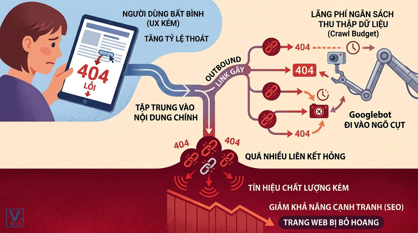 tac-dong-tieu-cuc-outbound-link-gay Sơ đồ tác hại của outbound link gãy đối với trải nghiệm người dùng, ngân sách thu thập dữ liệu và SEO website.