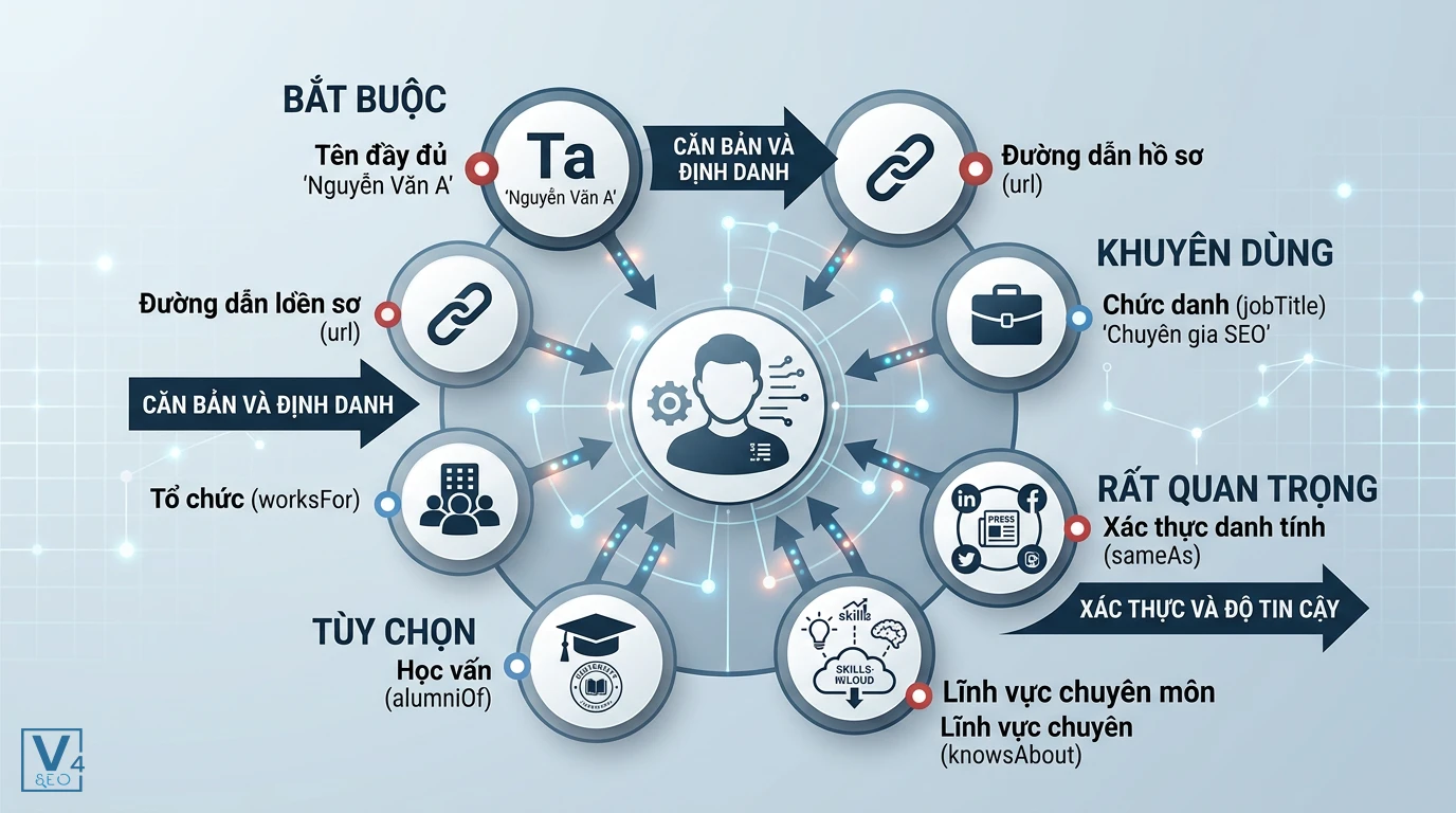 Thuộc tính cốt lõi Schema Person Phân loại các thuộc tính cốt lõi trong khai báo Schema Person giúp xác định danh tính và độ tin cậy của thực thể.