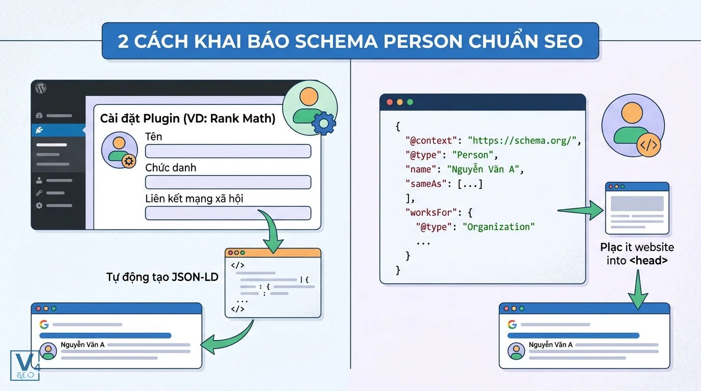 Phương pháp khai báo Schema Person chuẩn SEO So sánh cách khai báo Schema Person bằng plugin hỗ trợ và tự chèn mã JSON-LD thủ công vào website.