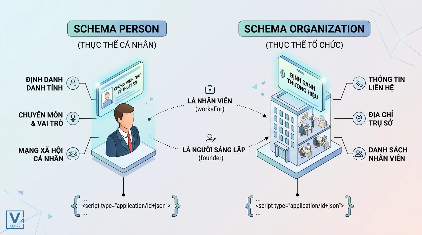 Phân biệt Schema Person và Organization So sánh Schema Person và Schema Organization giúp phân biệt thực thể cá nhân và tổ chức trong Entity SEO.