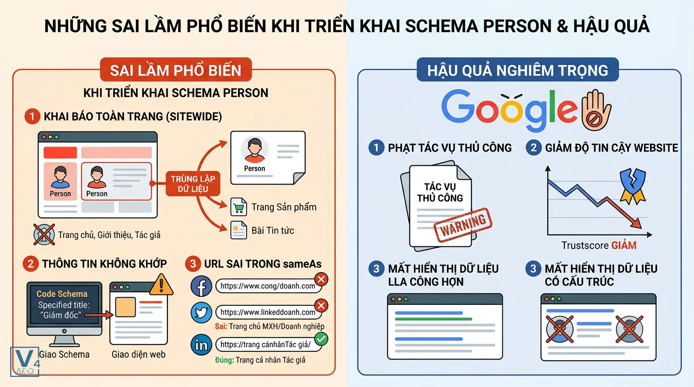 Sai lầm và hậu quả khi triển khai Schema Person Các sai lầm nghiêm trọng khi thiết lập Schema Person và hậu quả bị Google phạt tác vụ thủ công, giảm uy tín website.