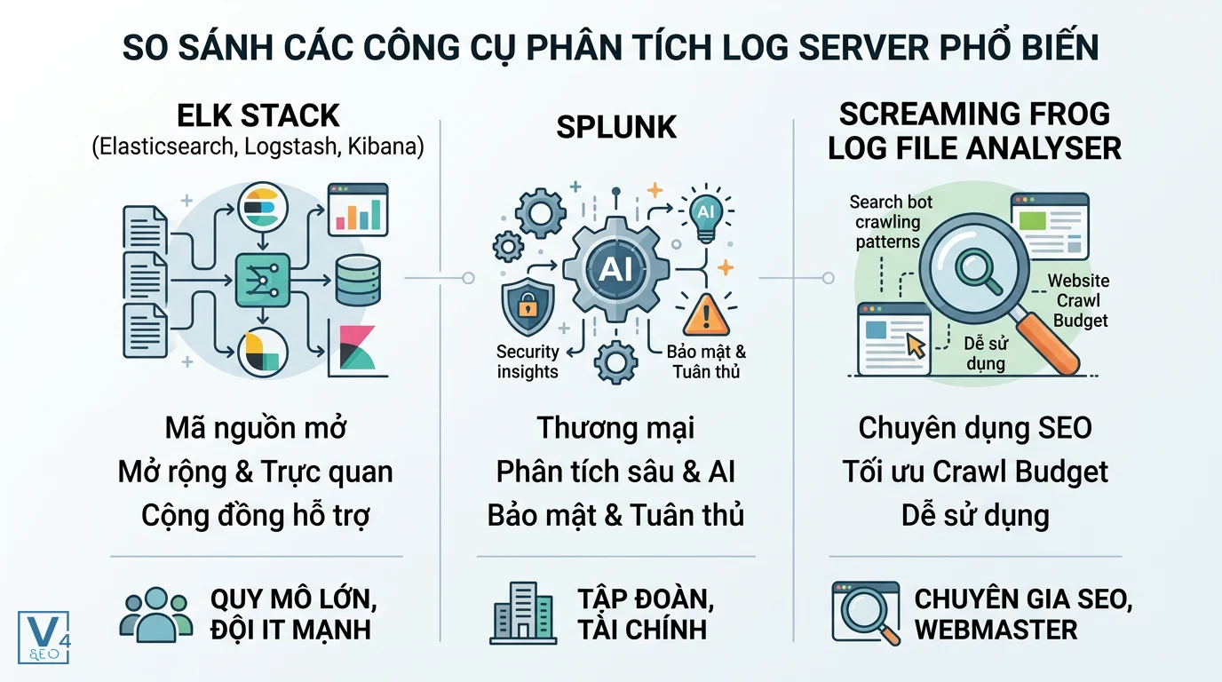 so-sanh-cong-cu-phan-tich-log-server Bảng so sánh ưu điểm và đối tượng sử dụng của ELK Stack, Splunk và Screaming Frog Log File Analyser.