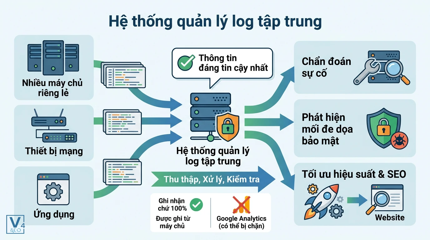 quy-trinh-phan-tich-log-server-tap-trung Sơ đồ quy trình phân tích log server tập trung giúp chẩn đoán sự cố, bảo mật và tối ưu SEO website.