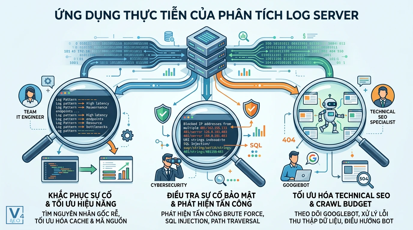 ung-dung-thuc-tien-phan-tich-log-server Sơ đồ 3 ứng dụng thực tế của phân tích log server gồm tối ưu hiệu năng, bảo mật và tối ưu hóa crawl budget cho SEO.