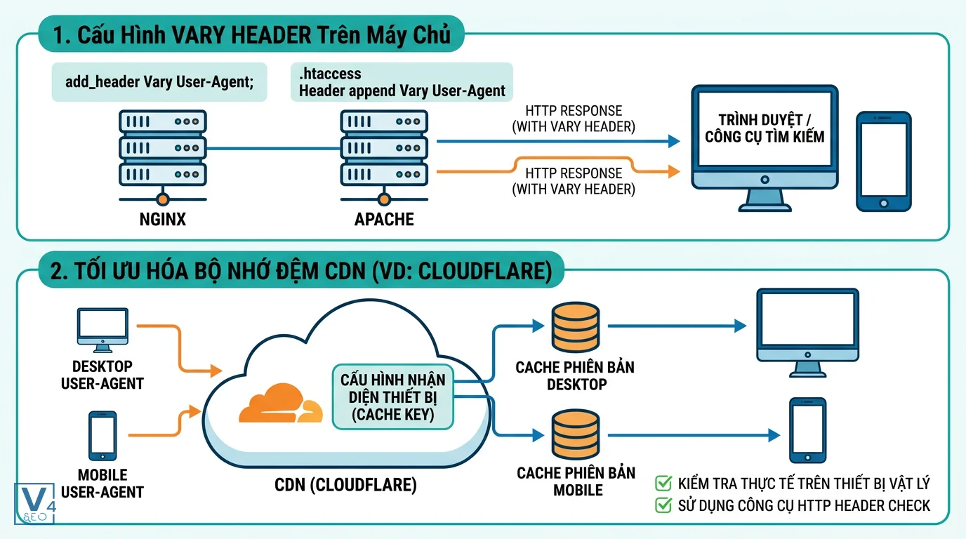 quy-trinh-cau-hinh-phuc-vu-dong-seo Sơ đồ quy trình cấu hình Vary Header trên máy chủ và tối ưu hóa bộ nhớ đệm CDN cho phục vụ động chuẩn SEO.