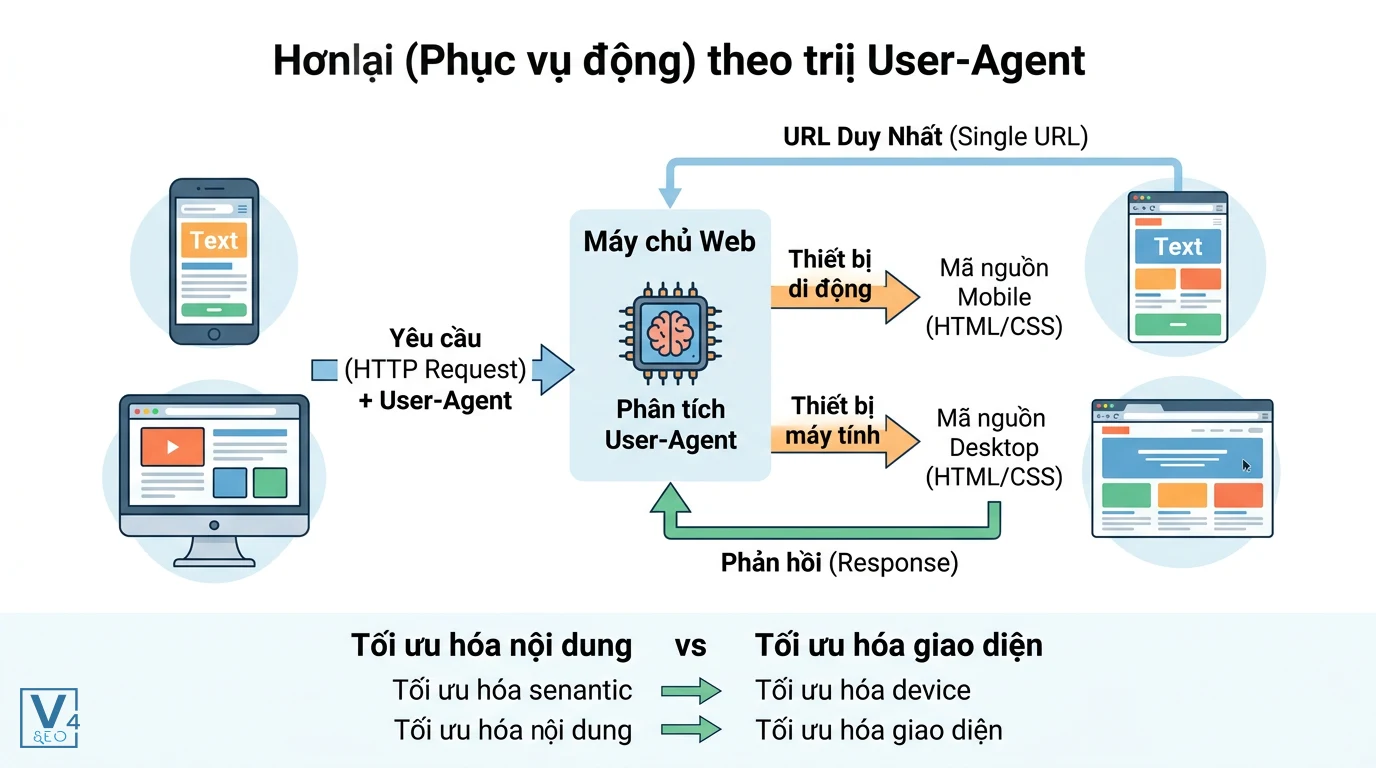 co-che-hoat-dong-phuc-vu-dong Sơ đồ cơ chế phục vụ động là gì giúp máy chủ phân tích User-Agent để trả về mã HTML phù hợp cho từng thiết bị.