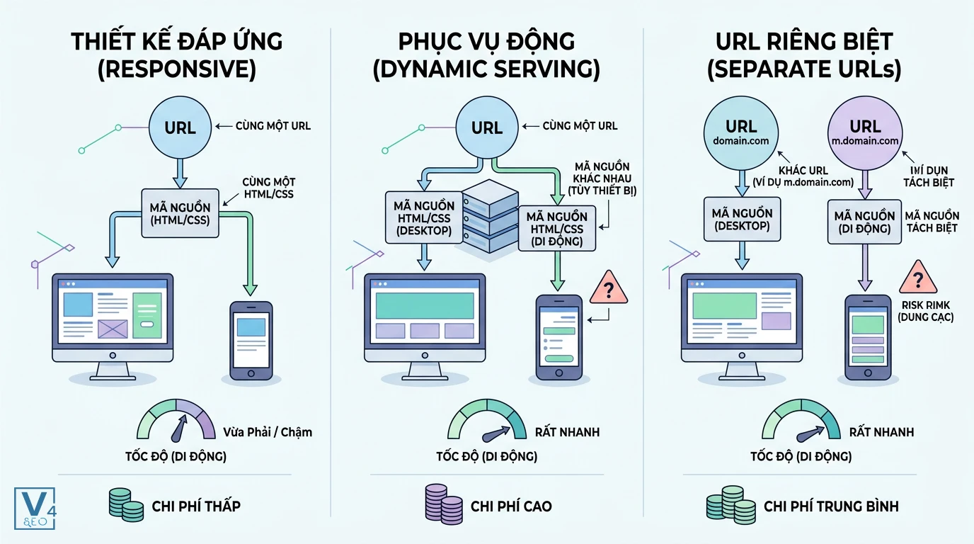 so-sanh-phuc-vu-dong-voi-giai-phap-khac Sơ đồ so sánh phục vụ động là gì với thiết kế đáp ứng và URL riêng biệt về cấu trúc URL, mã nguồn, tốc độ và chi phí.