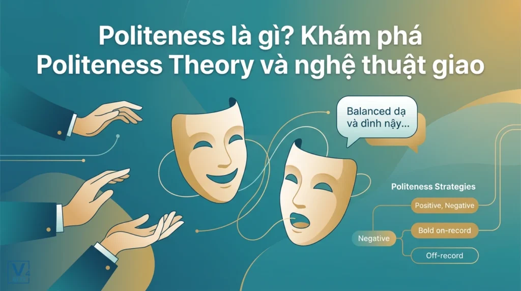 Khái niệm politeness là gì và các chiến lược lịch sự trong giao tiếp xã hội qua hình ảnh mặt nạ thể diện.