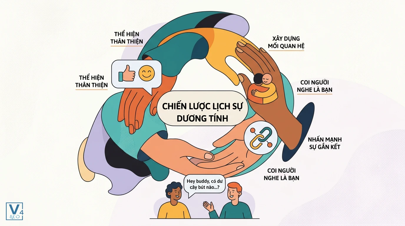 chien-luoc-lich-su-duong-tinh-giao-tiep Sơ đồ các biểu hiện của chiến lược lịch sự dương tính giúp xây dựng mối quan hệ và gắn kết trong giao tiếp.