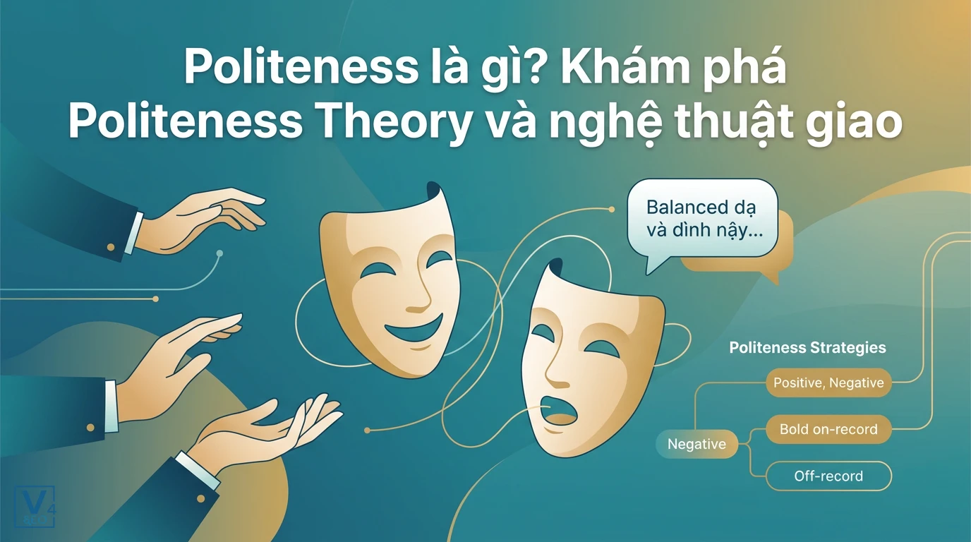 Khái niệm politeness là gì và các chiến lược lịch sự trong giao tiếp xã hội qua hình ảnh mặt nạ thể diện.