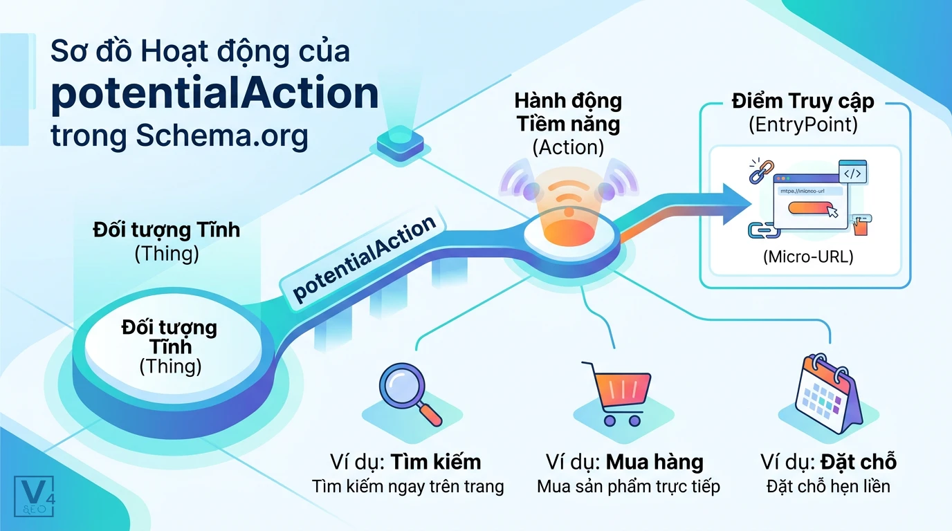 so-do-hoat-dong-potentialaction-schema Sơ đồ giải thích potentialAction là gì giúp kết nối đối tượng tĩnh với hành động tiềm năng và điểm truy cập.