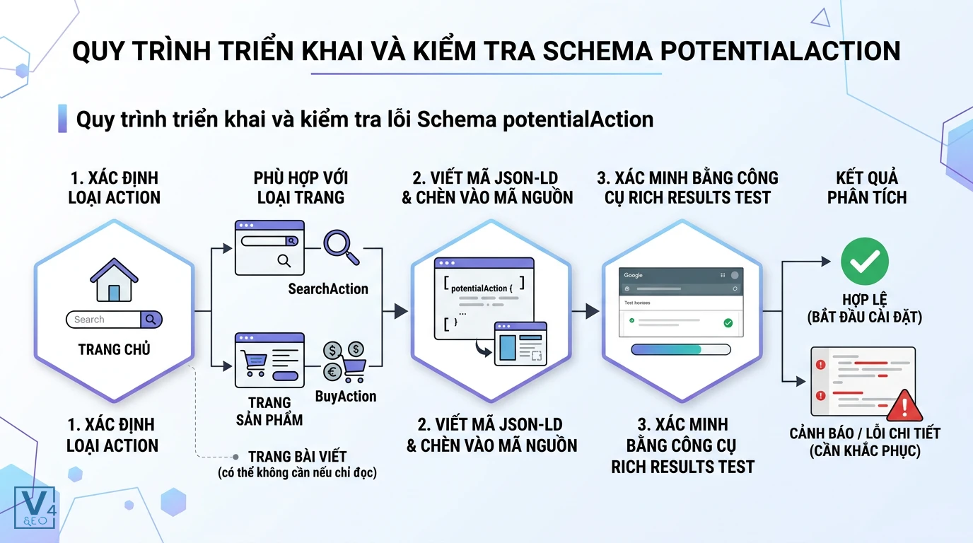 quy-trinh-trien-khai-schema-potentialaction Sơ đồ 3 bước triển khai và kiểm tra lỗi Schema potentialAction từ xác định loại hành động đến xác minh mã nguồn