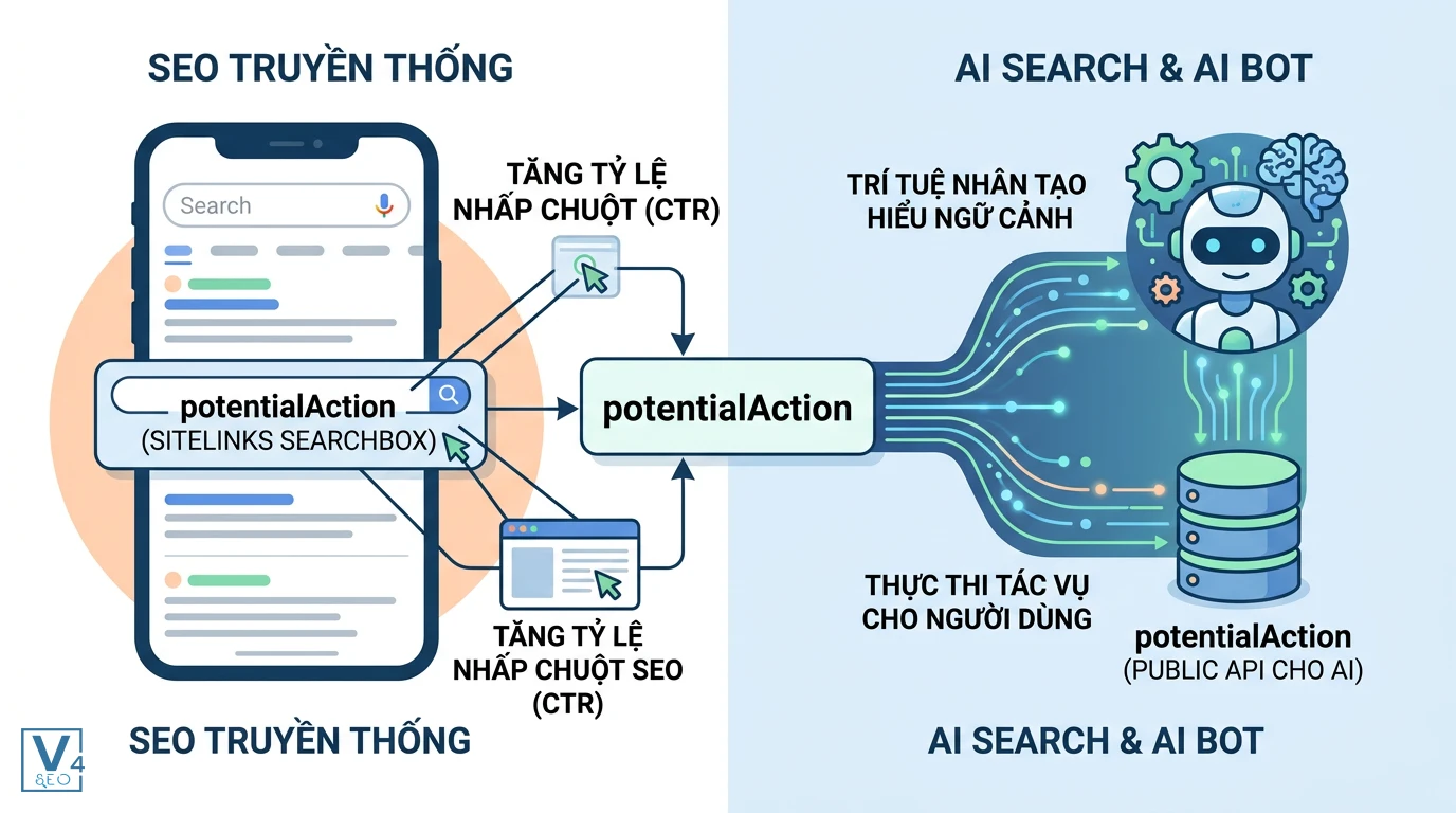 vai-tro-potentialaction-seo-va-ai-search So sánh vai trò của potentialAction là gì trong việc tăng CTR cho SEO truyền thống và làm Public API cho AI Search.
