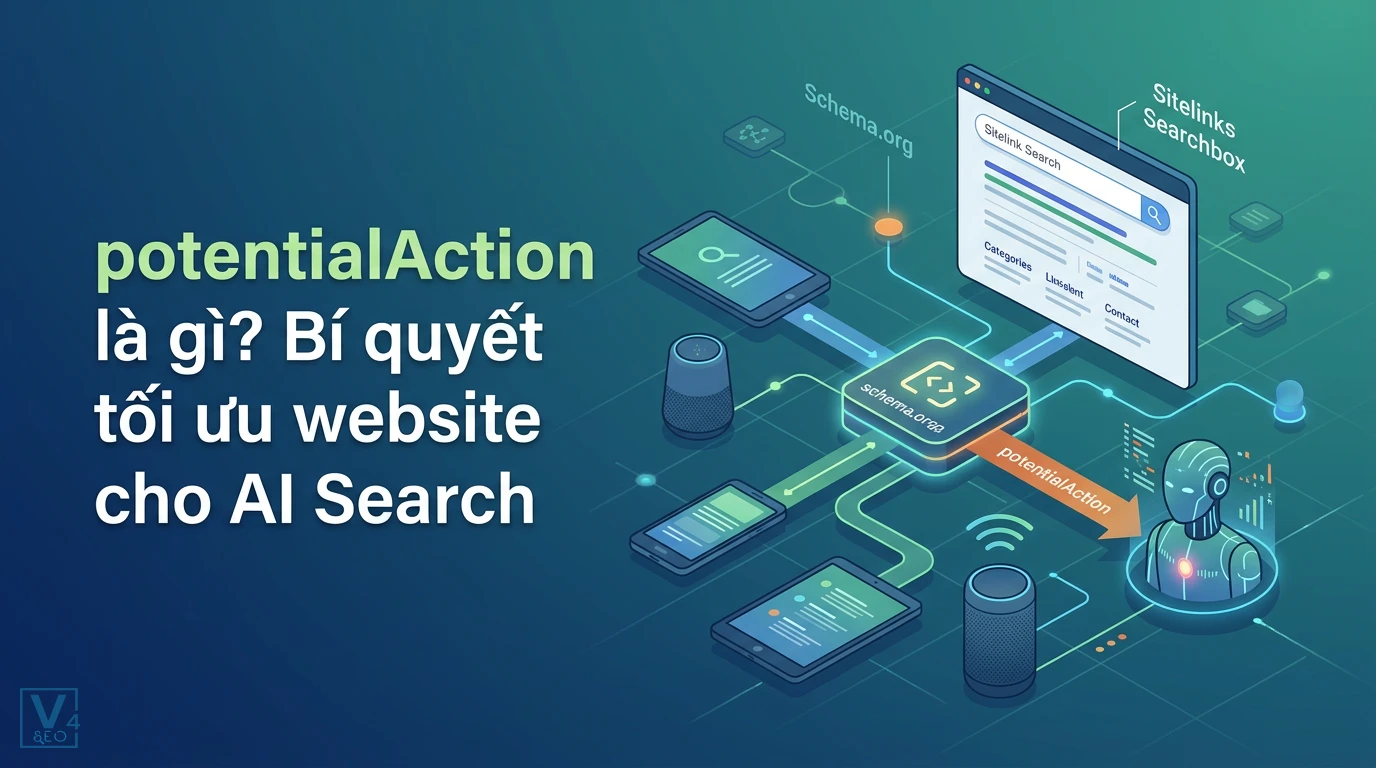 Mô hình kết nối dữ liệu Schema.org qua thuộc tính potentialAction để tối ưu hóa website cho AI Search và Sitelinks Searchbox.