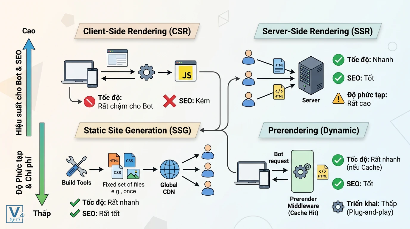 so-sanh-cac-co-che-rendering-website Sơ đồ so sánh cơ chế hoạt động, hiệu suất SEO và độ phức tạp giữa CSR, SSR, SSG và giải pháp Prerender.