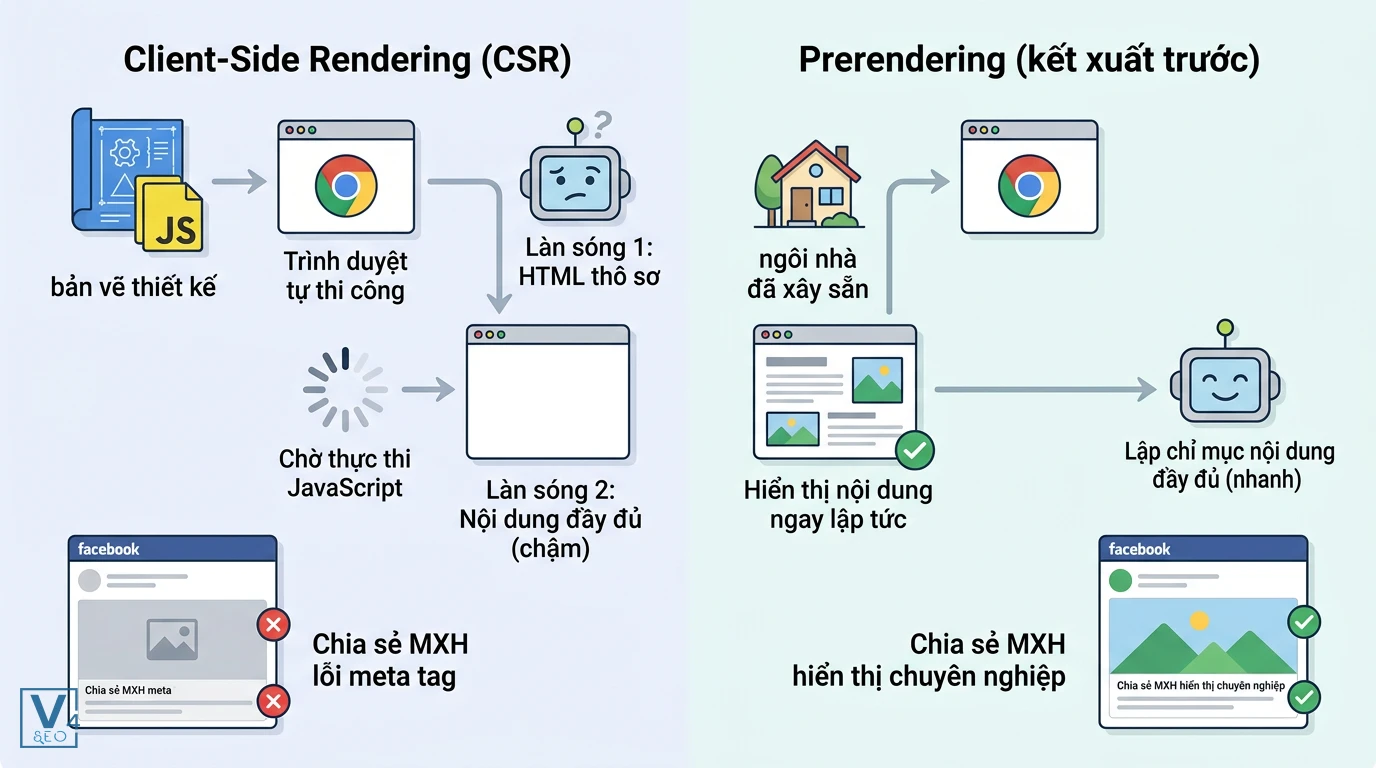 so-sanh-csr-va-prerendering-seo So sánh cơ chế hoạt động và hiệu quả SEO giữa Client-Side Rendering và kỹ thuật kết xuất trước prerendering là gì.