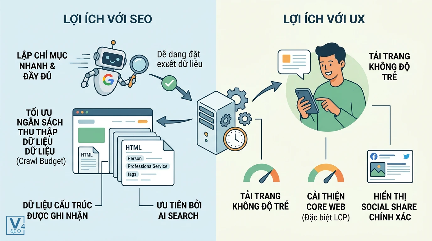 loi-ich-cua-prerendering-seo-ux Sơ đồ so sánh lợi ích kép của prerendering là gì đối với hiệu suất SEO và trải nghiệm người dùng UX.