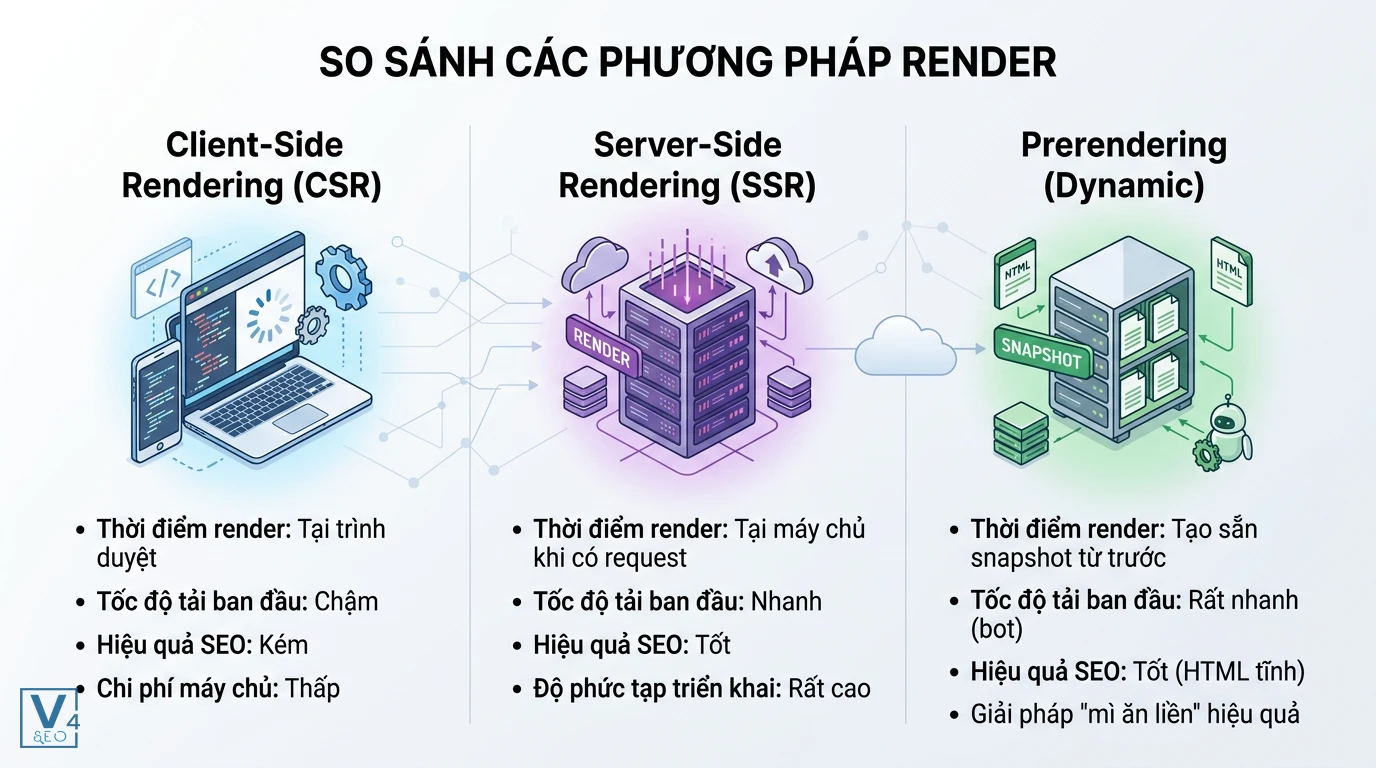 so-sanh-prerendering-csr-ssr Bảng so sánh prerendering là gì với CSR và SSR về tốc độ, hiệu quả SEO và chi phí triển khai.