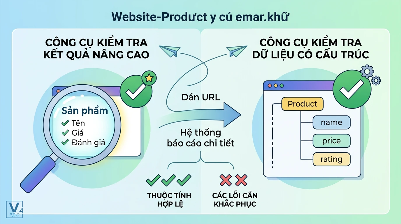 Cách kiểm tra cài đặt Product Schema Quy trình kiểm tra Product Schema thành công bằng công cụ kiểm tra kết quả nâng cao và dữ liệu có cấu trúc.