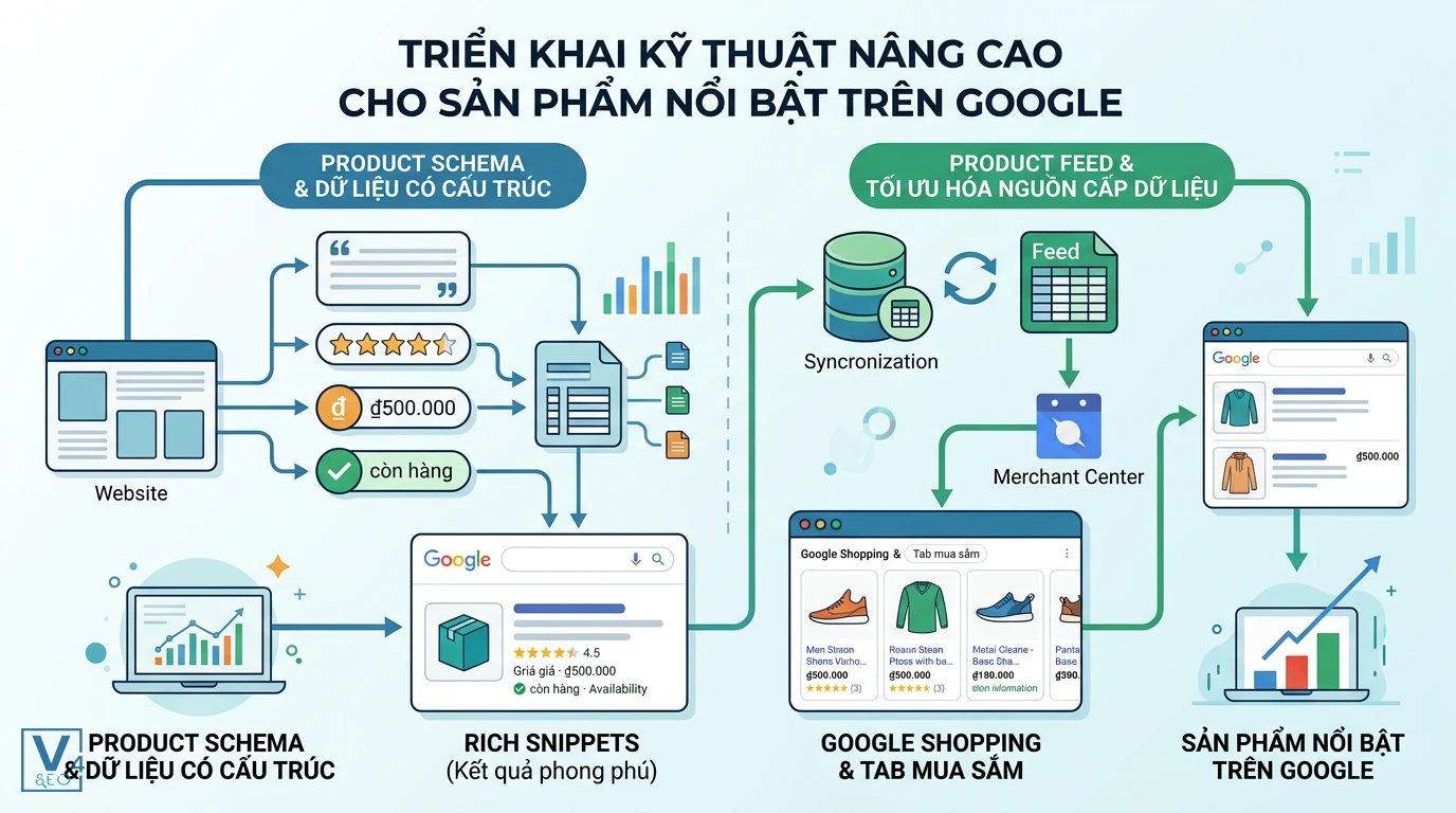 Tối ưu Product Schema và Product Feed cho Google Quy trình kết hợp Product Schema và Product Feed để hiển thị kết quả phong phú cùng quảng cáo mua sắm trên Google.