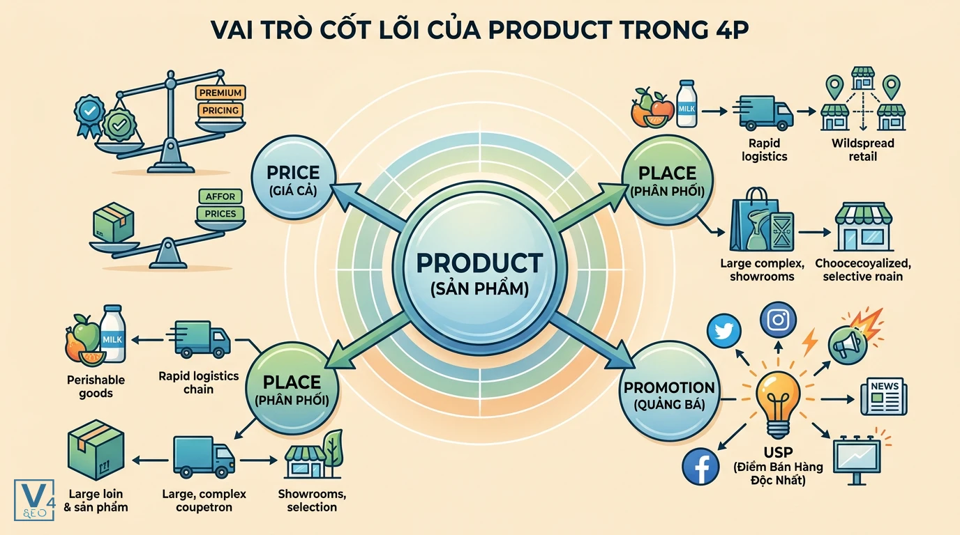 Vai trò cốt lõi của Product trong mô hình 4P Vai trò cốt lõi của Product quyết định chiến lược định giá, kênh phân phối và phương thức quảng bá trong Marketing Mix.