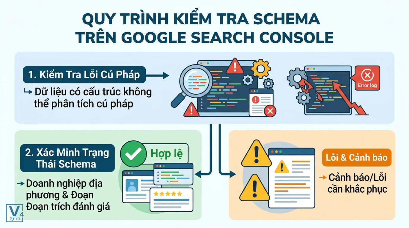 Quy trình kiểm tra schema trên Google Search Console Các bước kiểm tra Google nhận diện schema trên Search Console qua lỗi cú pháp và trạng thái hợp lệ.