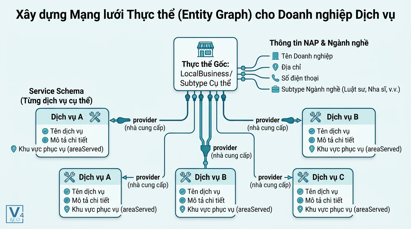 Cấu trúc Entity Graph cho doanh nghiệp dịch vụ Cách liên kết LocalBusiness với Service schema qua thuộc tính provider để xây dựng Entity Graph cho doanh nghiệp dịch vụ.