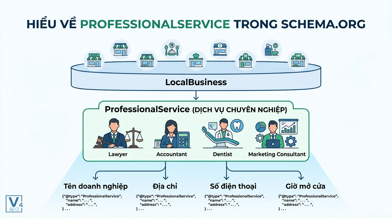 Cấu trúc Schema ProfessionalService Cấu trúc ProfessionalService thuộc LocalBusiness trong Schema.org giúp khai báo thông tin cơ bản của doanh nghiệp dịch vụ.