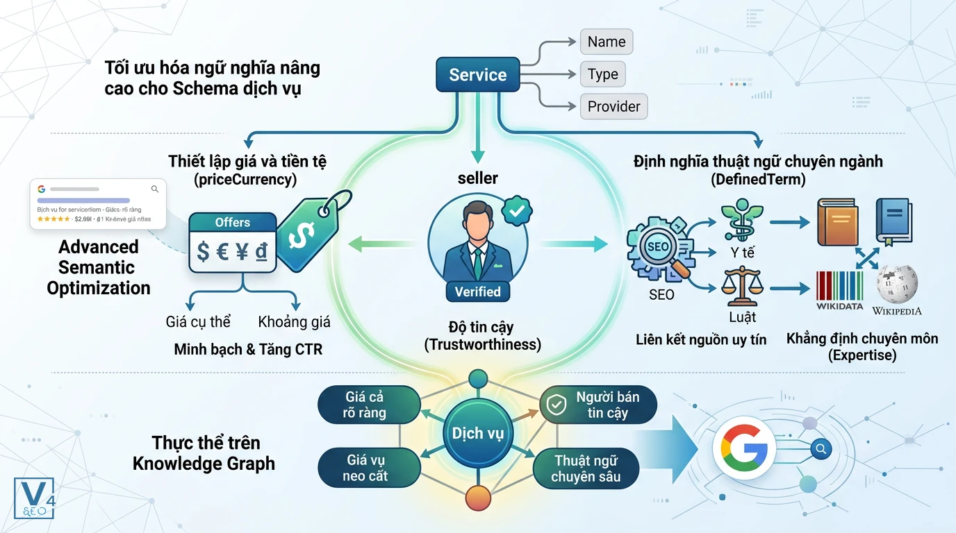 Tối ưu Schema dịch vụ nâng cao với thuộc tính ngữ nghĩa Cách tối ưu Schema dịch vụ nâng cao qua priceCurrency, seller và DefinedTerm giúp tăng độ tin cậy trên Knowledge Graph.