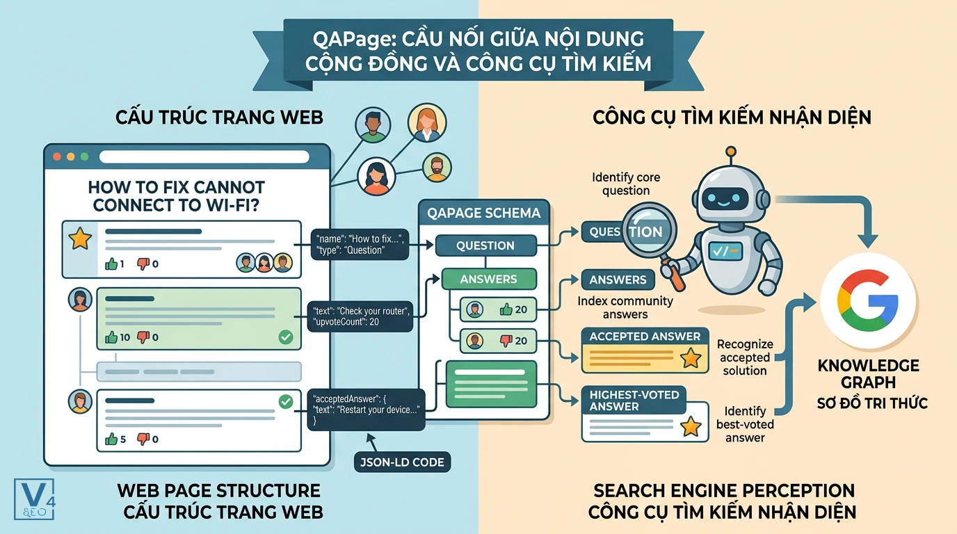 co-che-hoat-dong-qapage-schema Sơ đồ chuyển hóa cấu trúc trang hỏi đáp thành dữ liệu QAPage Schema giúp Googlebot nhận diện câu hỏi và câu trả lời.