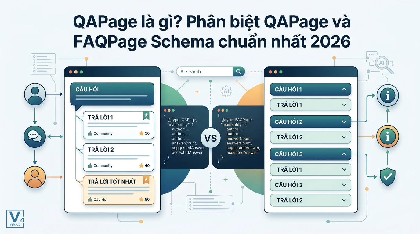 So sánh cấu trúc QAPage là gì và FAQPage Schema giúp tối ưu hóa hiển thị câu hỏi đáp trên AI Search