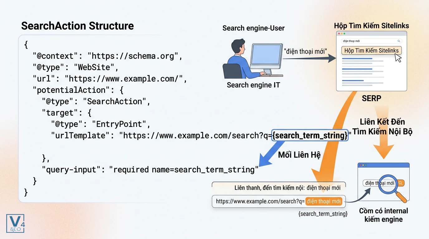 cau-truc-hoat-dong-query-input-schema Sơ đồ mô tả query-input là gì trong cấu trúc SearchAction giúp kết nối hộp tìm kiếm Sitelinks với website.