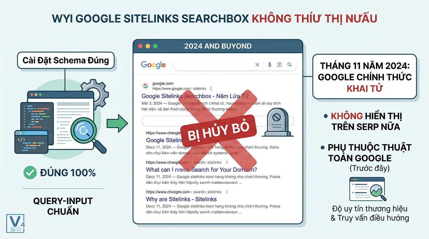 ly-do-sitelinks-searchbox-ngung-hien-thi Giải thích lý do Sitelinks Searchbox không hiển thị dù cài đặt đúng query-input do Google khai tử tính năng.